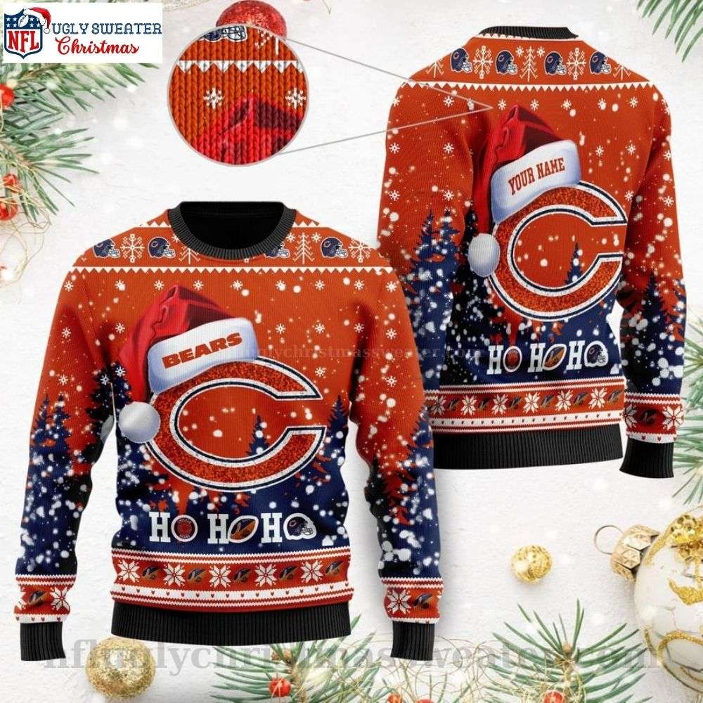 Santa Hat Ho Ho Ho Joy - Chicago Bears Logo Print Ugly Christmas Sweater