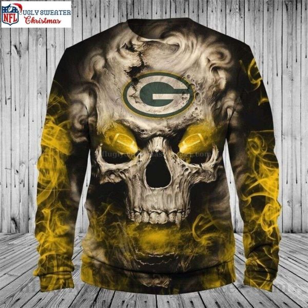 Vibrant Yellow Skull Graphic On Green Bay Packers Ugly Christmas Sweater